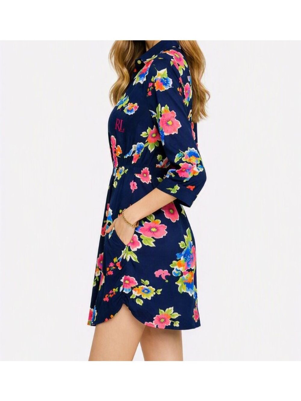 Lauren Ralph Lauren Navy Floral Cotton Viscose Button Front Shirt Dress Size L